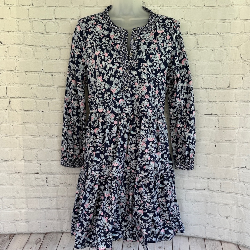 J.Crew Floral Cotton Navy Long-Sleeve Tiered Dress -